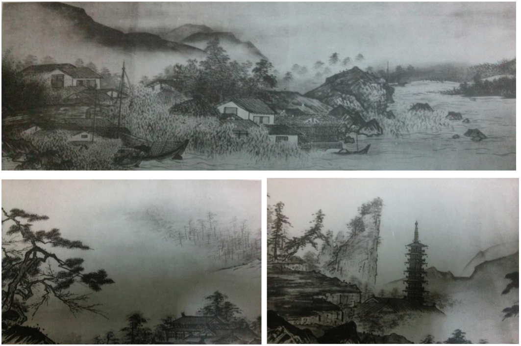 Fig. 6 Fragments de les reproduccions a fototípia dels paisatges de Sesshū, originals del s.XV, Japó, col·lecció privada Mori