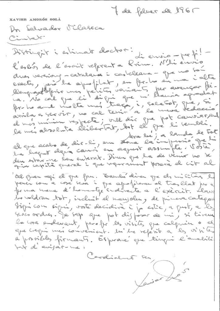 Dues cartes inèdites de Xavier Amorós a Salvador Vilaseca (1965)